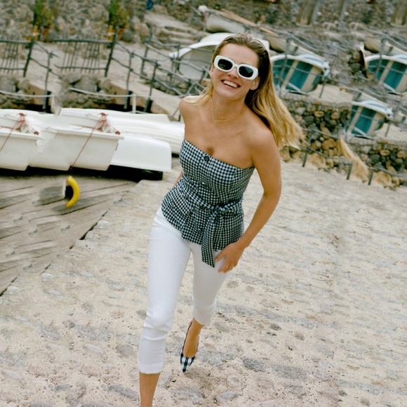 Eva Franco Anthropologie Strapless Gingham Belted Button Front Top - Picture 2 of 6